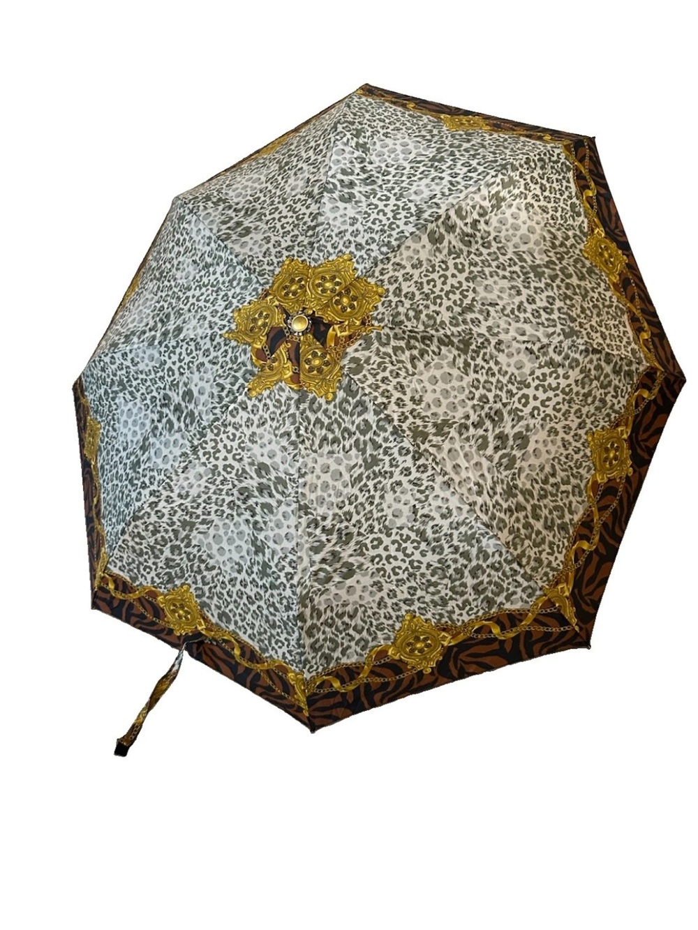 Vintage Jones New York Umbrella 80s 90s Leopard Tiger Gold Chain Animal Print
